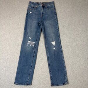 Express Modern Straight Super High Rise Distressed Blue Jeans Womens Size 0R